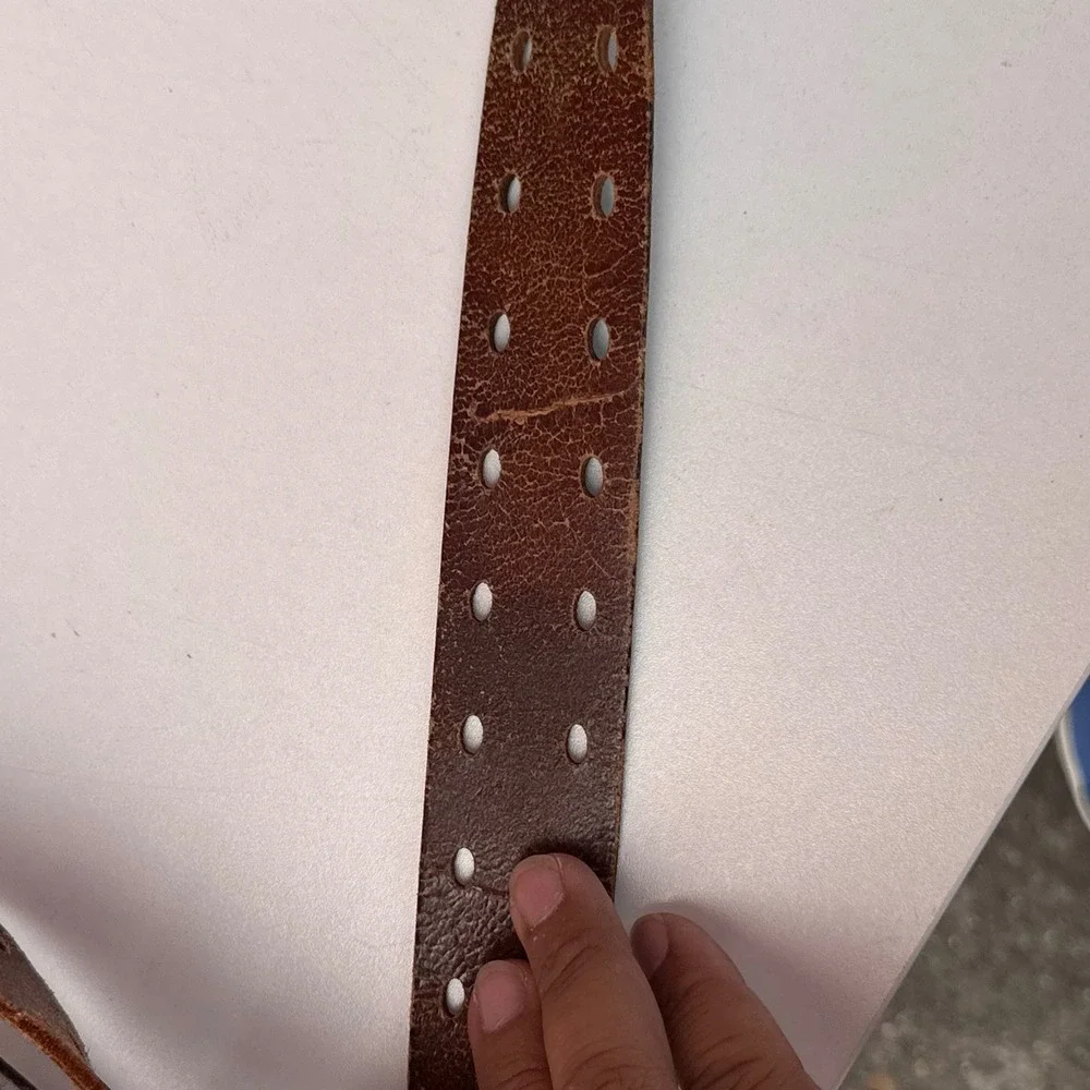 Vintage Brown Leather Double Prong Roller Buckle Adjustable Belt Mens 30-36